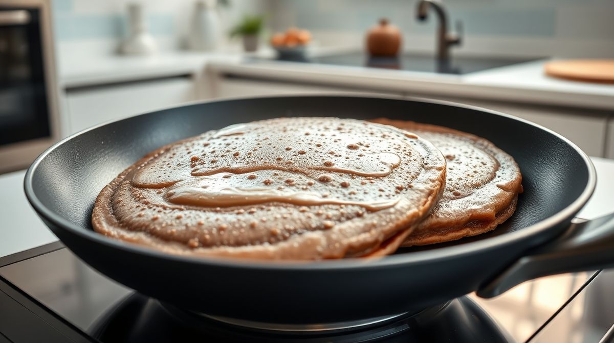 Foto close-up de panquecas fit de whey de cacau sendo preparadas na frigideira antiaderente, textura da massa visível, ambiente de cozinha moderna e limpa