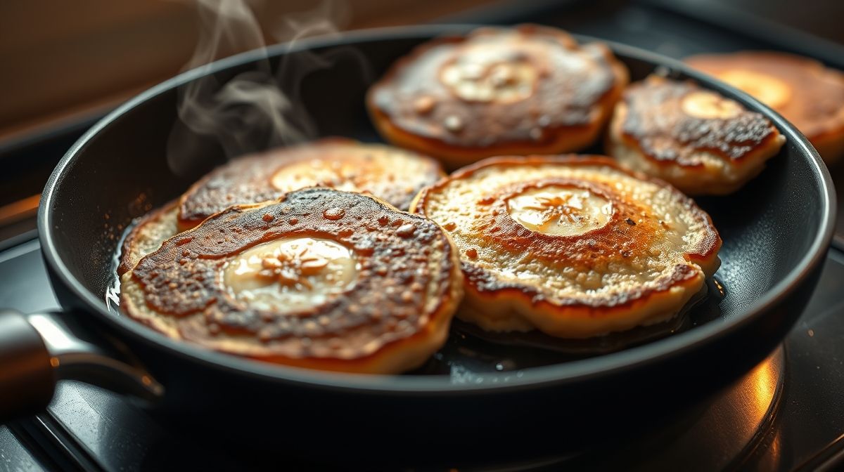 Imagem de uma frigideira antiaderente com panquequinhas de banana e aveia dourando, vista de perto, mostrando texturas e cores apetitosas