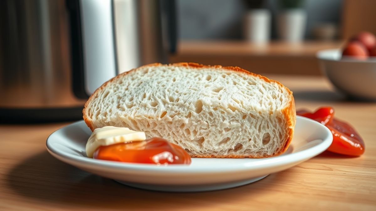 Close-up de uma fatia de pão de forma macia com textura leve, servida em um prato branco, ao lado de manteiga e geleia, com a airfryer desfocada ao fundo