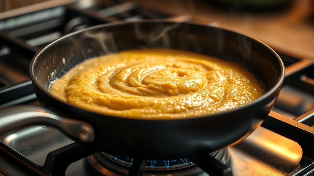 Close-up do preparo do pão de fubá de frigideira, mostrando a massa dourando na frigideira antiaderente sobre fogão a gás