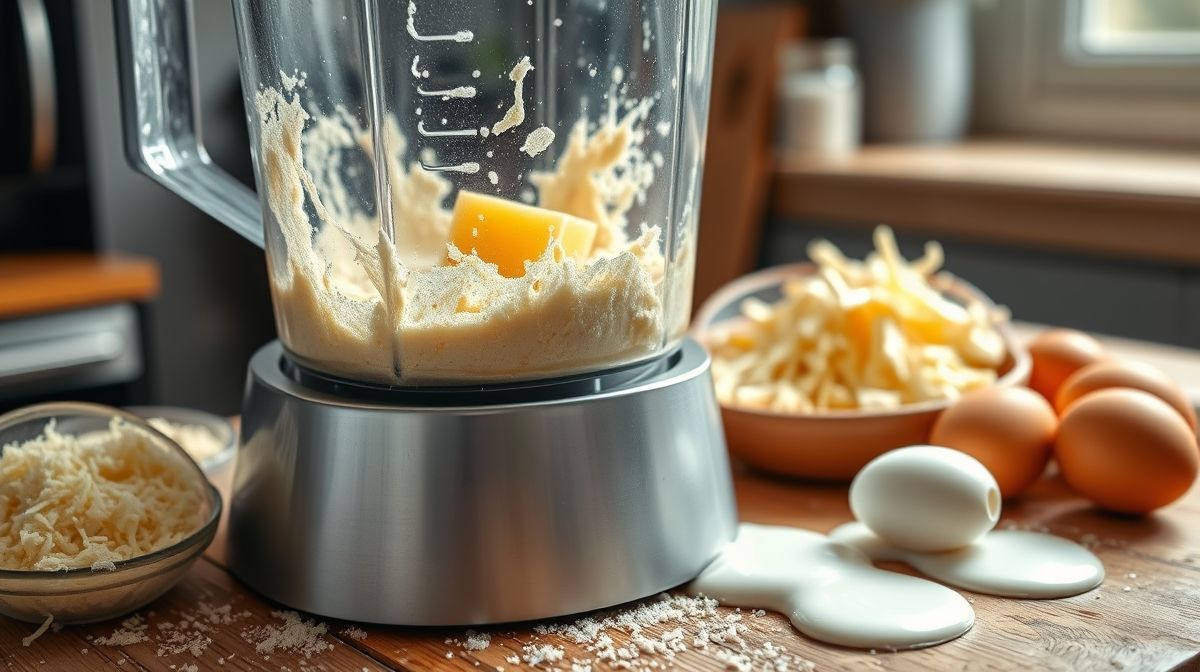 close-up de massa de pão de queijo batida no liquidificador, ingredientes ao redor como polvilho azedo, queijo mussarela, ovo e leite, iluminação natural