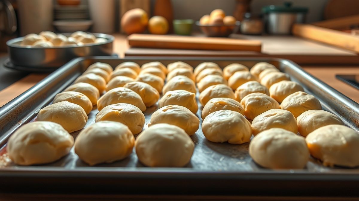 Passos da receita de pão de queijo fit, mostrando massa homogênea e bolinhas modeladas, bandeja de forno pronta para assar, estilo fotográfico realista
