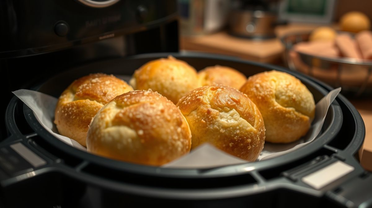 Close-up de bolinhas de pão de queijo na cesta da airfryer, mostrando textura crocante e dourada, com detalhes da massa e queijo derretido, em uma cozinha bem iluminada