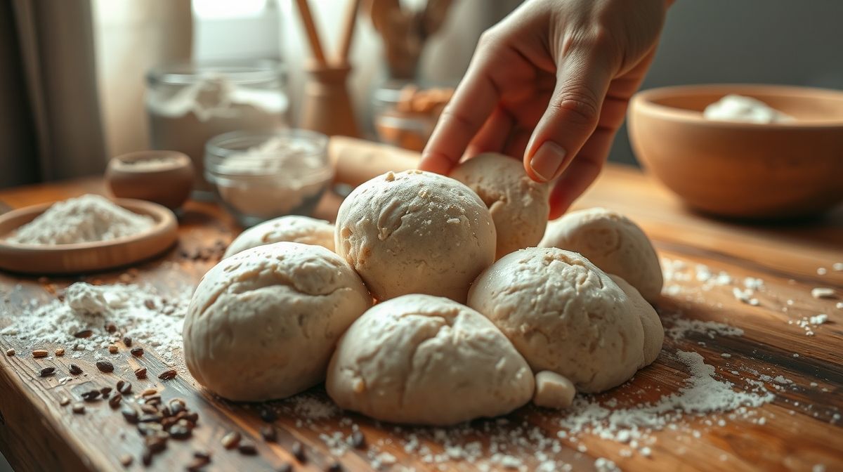 Close-up de mão modelando massa de pão integral em bolinhas, com ingredientes caseiros ao fundo, textura detalhada e ambiente de cozinha aconchegante