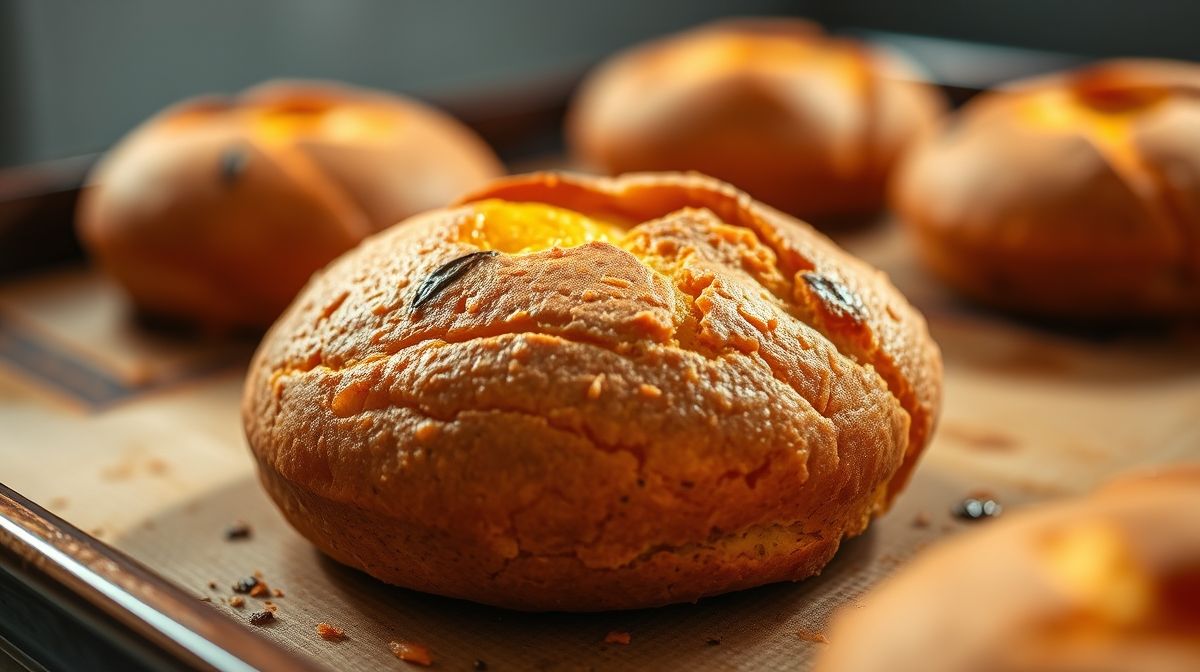 close-up de pãozinho fit de batata-doce recém-assado em assadeira, textura crocante e dourada, estilo culinária saudável, iluminação natural suave