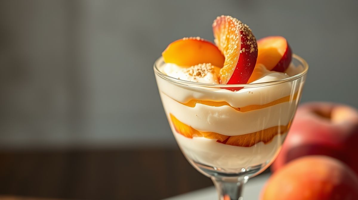 Close-up de taça individual com pavê de pêssego cremoso, camadas visíveis, decoração delicada com pêssegos e noz-moscada polvilhada, luz natural suave