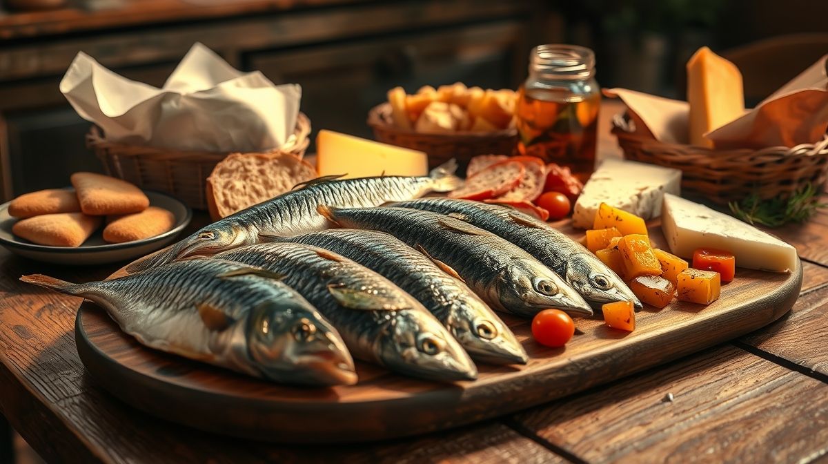 foto de peixe arenque defumado e em conserva servido com pães e queijos variados, mesa de madeira rústica, ambiente acolhedor e atmosfera europeia, foco nos detalhes e textura do peixe
