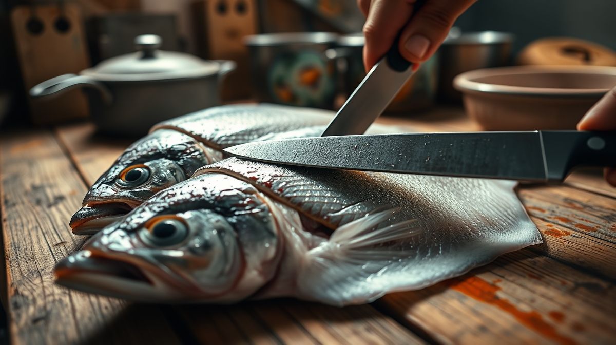 Close-up de filés de peixe barbado sendo limpos com faca afiada em cozinha rústica, utensílios de cozinha ao fundo, luz suave, estilo gastronomia caseira