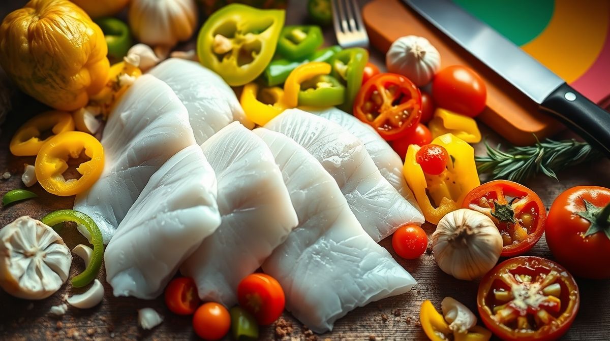 Imagem detalhada dos ingredientes para peixe cozido no leite de coco: filés de peixe branco frescos, leite de coco, pimentões amarelo e verde cortados em rodelas, cebola, tomate, alho picado e especiarias, em uma bancada de cozinha com utensílios de preparo