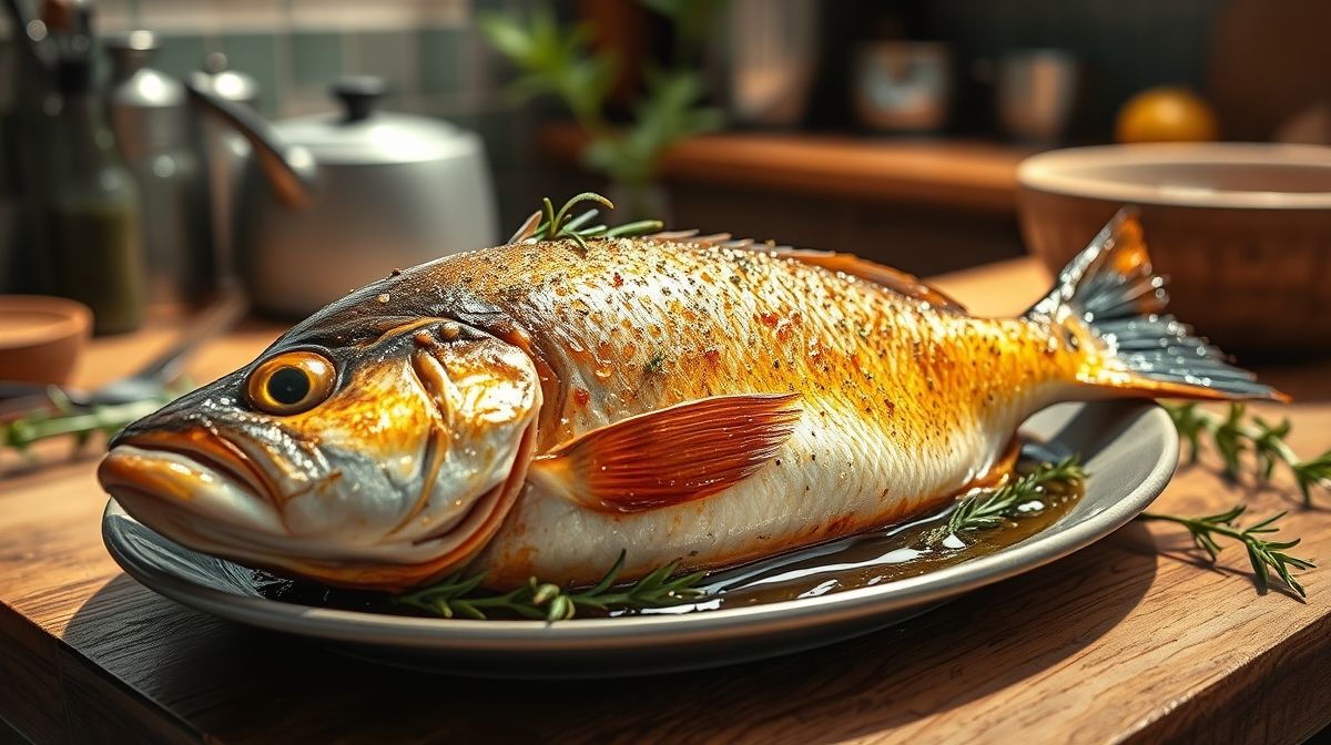 Peixe filhote assado com manteiga de garrafa e raminhos de alecrim e tomilho, destaque para textura suculenta, cenário de cozinha doméstica, estilo fotográfico realista e apetitoso