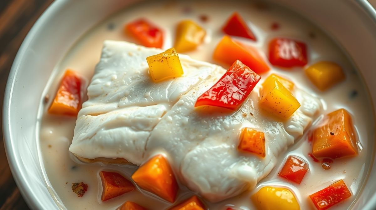 Close-up de filé de peixe branco cozido em molho de leite de coco com pedaços de pimentão vermelho e amarelo, prato servido em tigela rústica branca