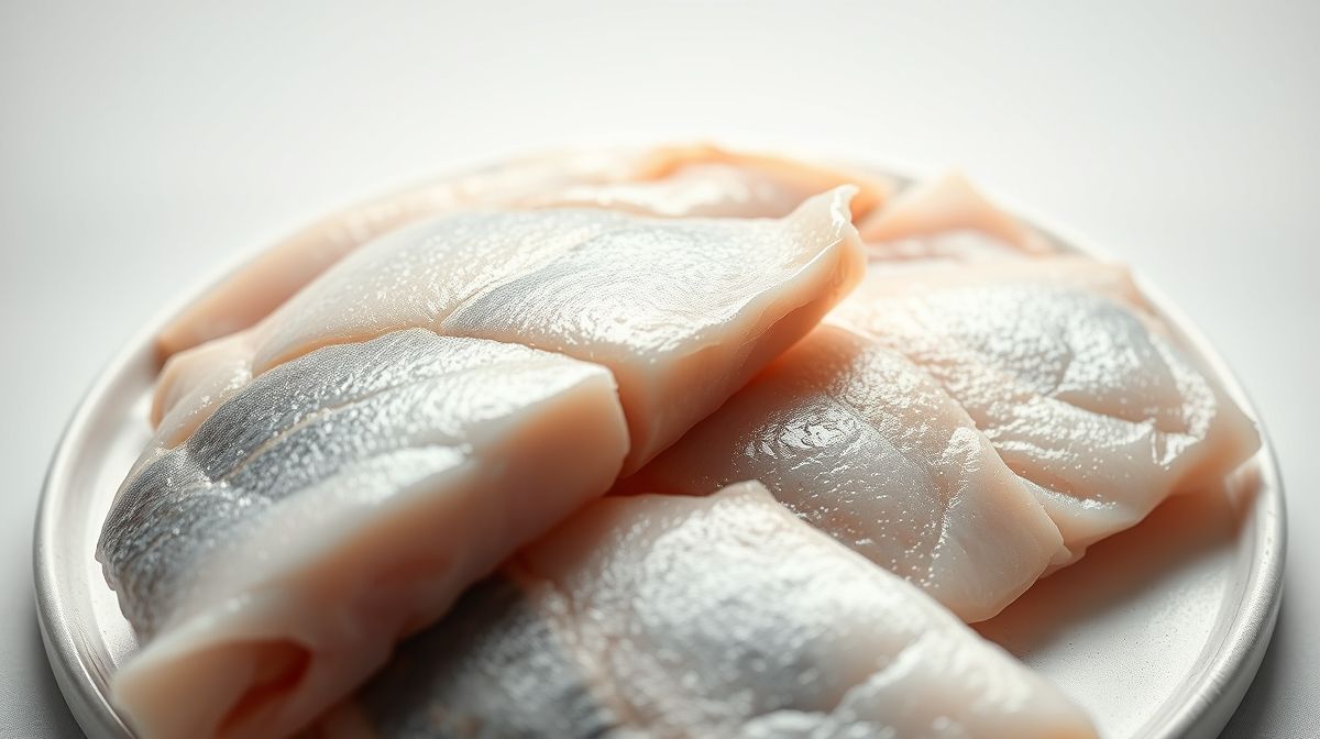 close-up de postas de peixe piramutaba cortadas em pedaços grandes, textura macia e carnuda, fundo branco neutro, fotografia gastronômica com iluminação suave