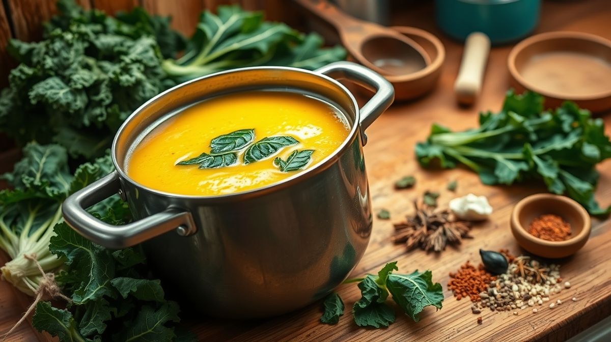 Imagem do preparo de caldo de fubá com couve rasgada, panela com caldo amarelo cremoso, especiarias ao lado, ambiente de cozinha rústica, foco nos ingredientes frescos, luz natural suave