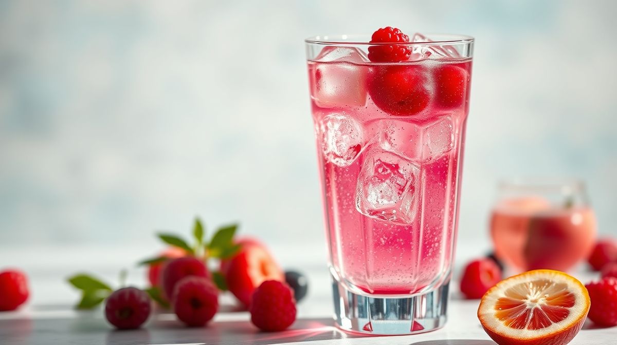 Detalhe de copo com pink gin rosa, frutas vermelhas frescas, água tônica gelada e gelo, fundo claro e fresco, ambiente descontraído