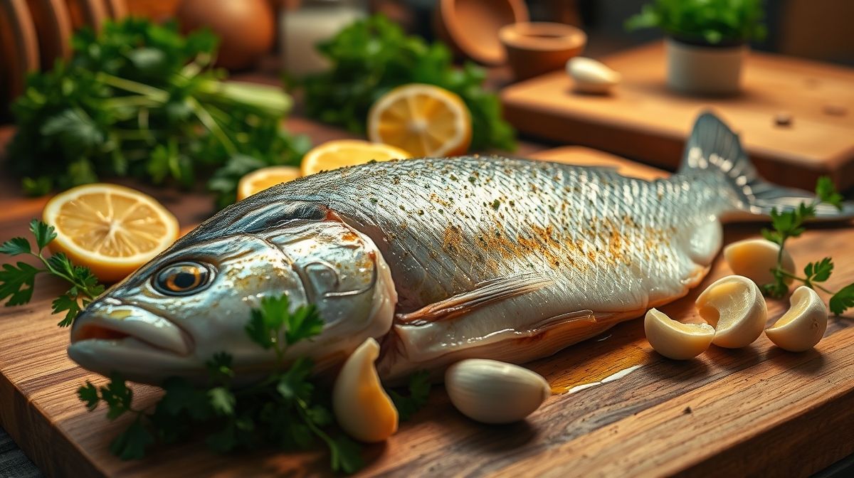 Imagem detalhada de peixe Polaca-do-Alasca temperado com alho, limão e ervas, pronto para ser assado, com close nos ingredientes frescos ao redor, estilo culinária caseira