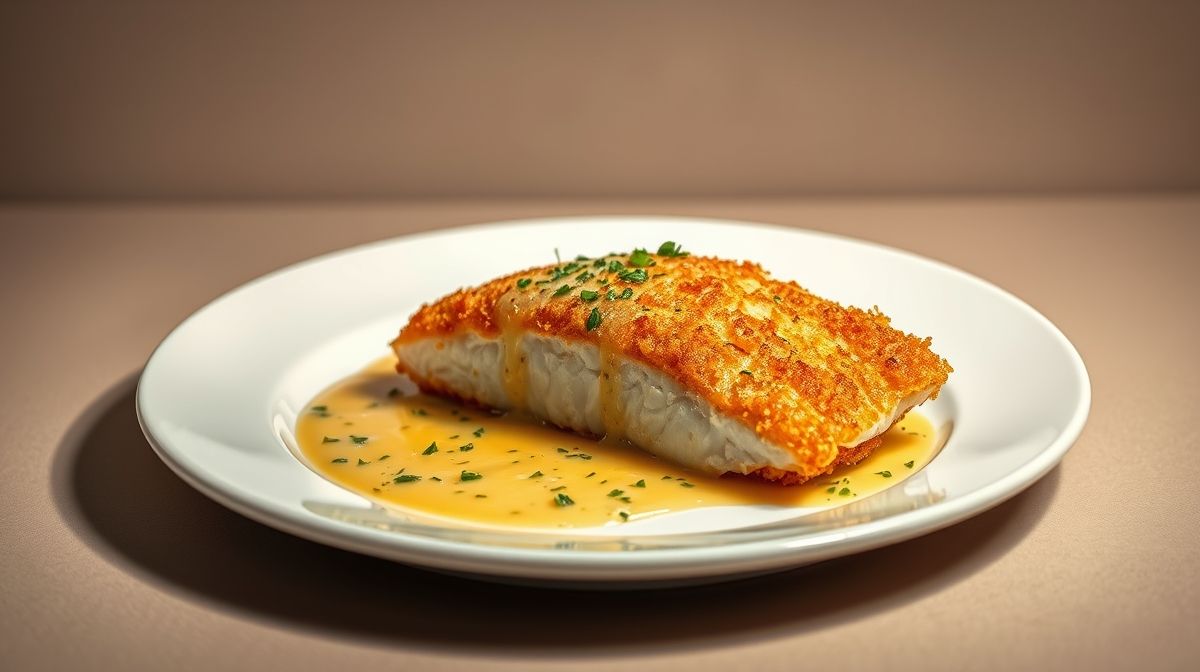 Filé de Polaca-do-Alasca empanado e dourado, servido em um prato branco com molho de ervas e limão, fundo neutro e iluminação suave