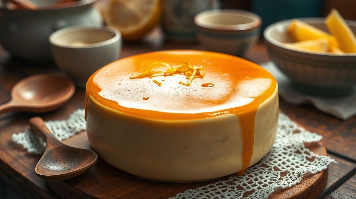Foto close-up de pudim de queijo com superfície lisa, caramelo brilhante e raspas de limão por cima, em uma mesa rústica com utensílios de cozinha ao redor