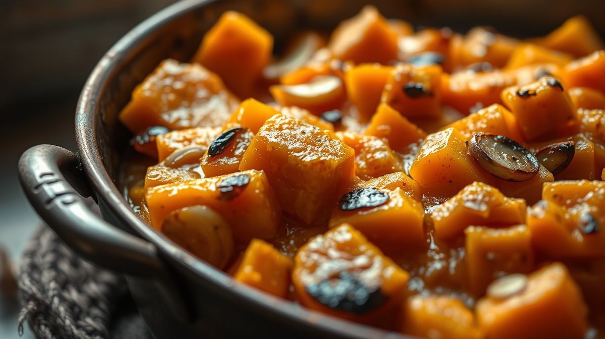 close-up de purê rústico de abóbora assada dentro de assadeira de metal, mostrando pedaços assados de abóbora com cebola e alho, estilo culinária caseira, luz natural