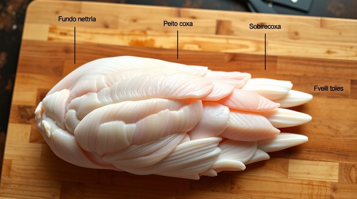 Imagem detalhada de cortes variados de frango crus (peito, coxa, sobrecoxa) em uma tábua de madeira, demonstrando diferentes opções para evento, fundo neutro