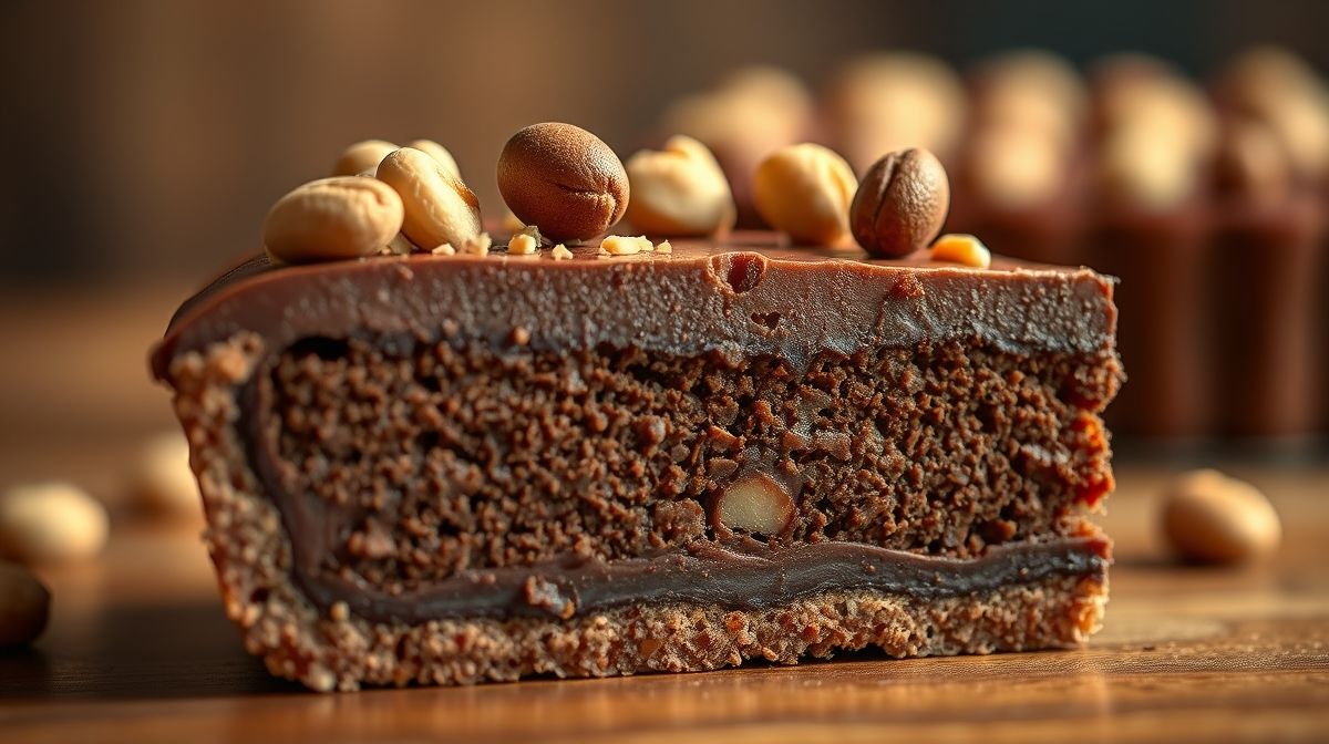 close-up da fatia da torta cajuzinho mostrando a textura crocante da massa e o recheio denso e úmido de chocolate com amendoim, decorada com amendoins triturados, fundo desfocado em tons quentes, fotografia culinária detalhada