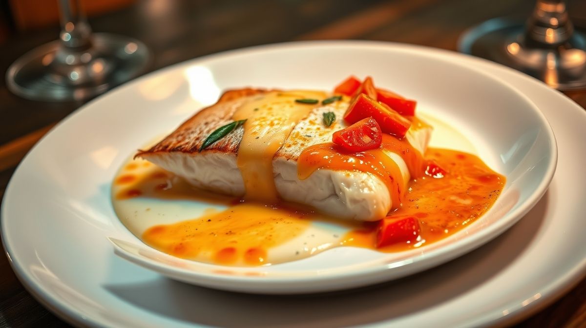 close-up filé de robalo suculento ao molho cremoso de leite de coco e tomate, detalhes do molho, cores vibrantes, prato elegante em porcelana branca, estilo fine dining