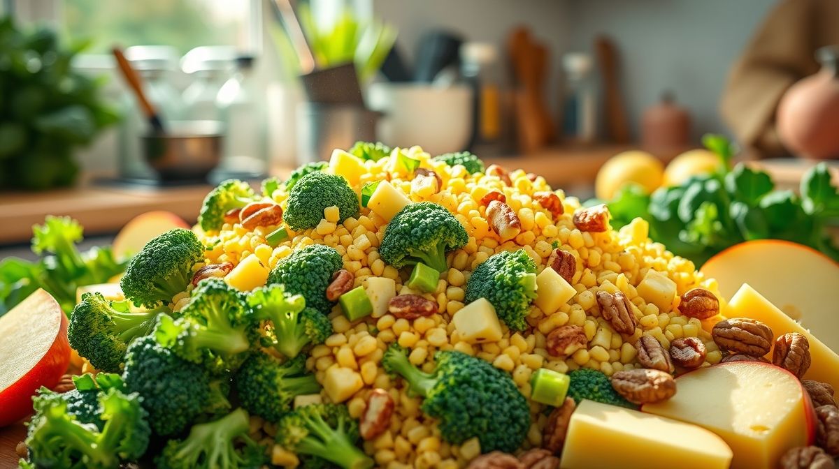 Imagem detalhada do preparo da salada de brócolis com cuscuz de milho, mostrando ingredientes frescos como brócolis picado, cuscuz de milho ao vapor, maçã cortada, castanhas e queijos, com utensílios de cozinha ao fundo, estilo realista e clean