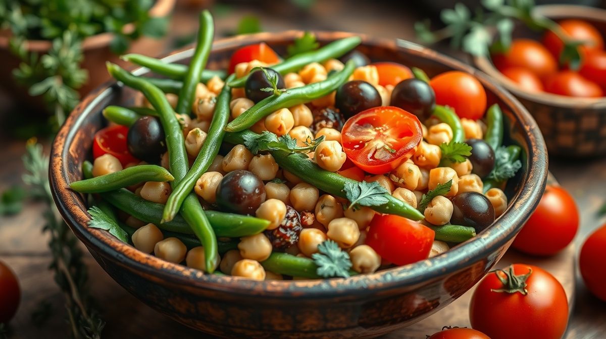 Salada colorida de vagem com grão de bico, tomates e azeitonas em tigela rústica, textura detalhada dos ingredientes frescos, luz suave, fotografia gastronômica apetitosa