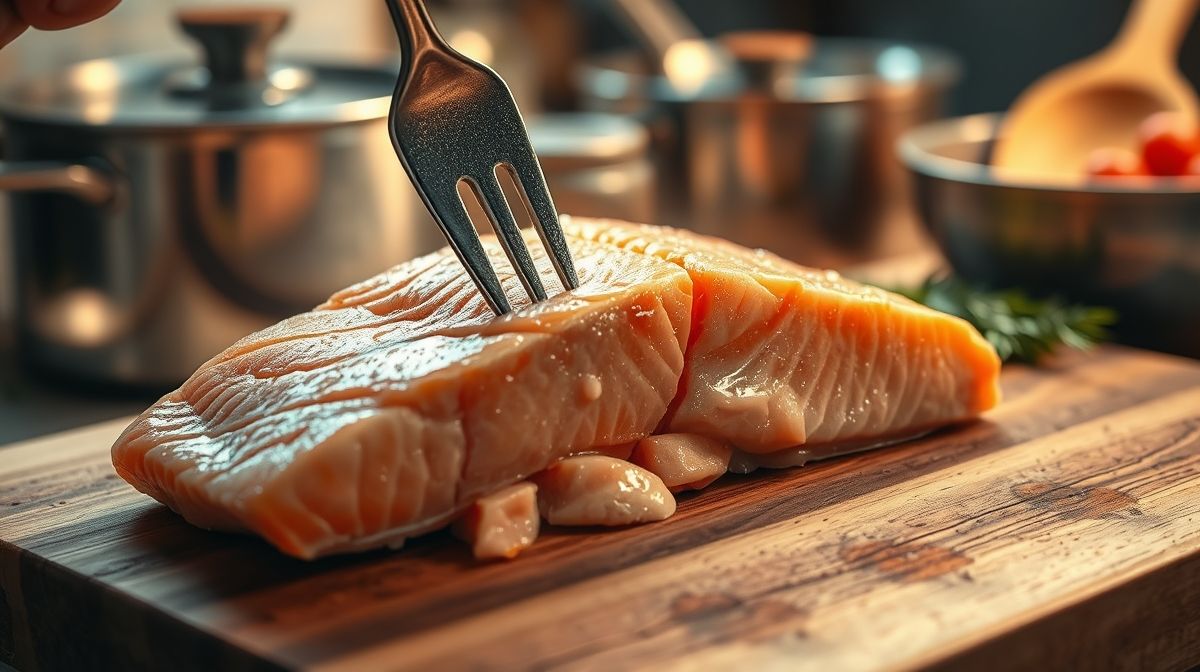 Imagem de salmão cozido ao vapor sendo desfiado com garfo sobre tábua de madeira, fundo desfocado de utensílios de cozinha, iluminação clara e warm
