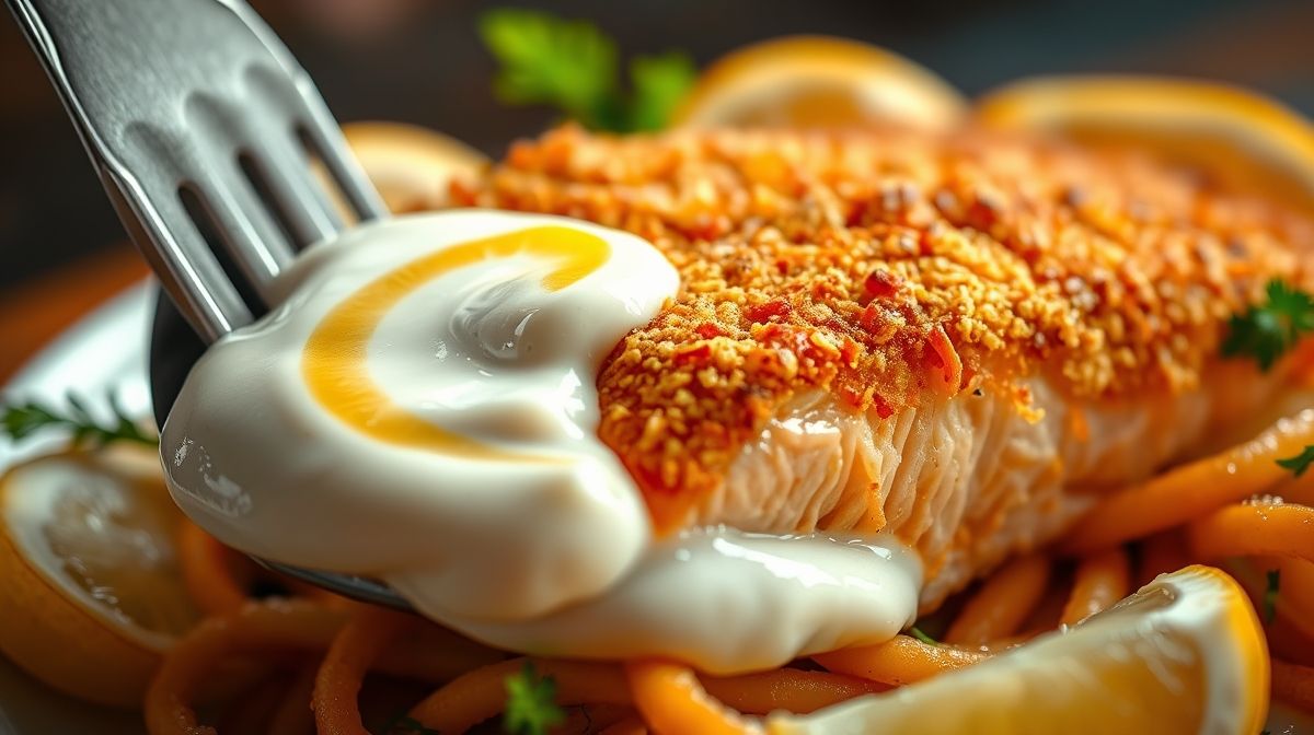 Close-up de filé de salmão empanado e dourado sendo servido, com detalhe na crosta crocante, acompanhado de molho de iogurte com limão, fotografia gastronômica, cores vibrantes e foco nítido