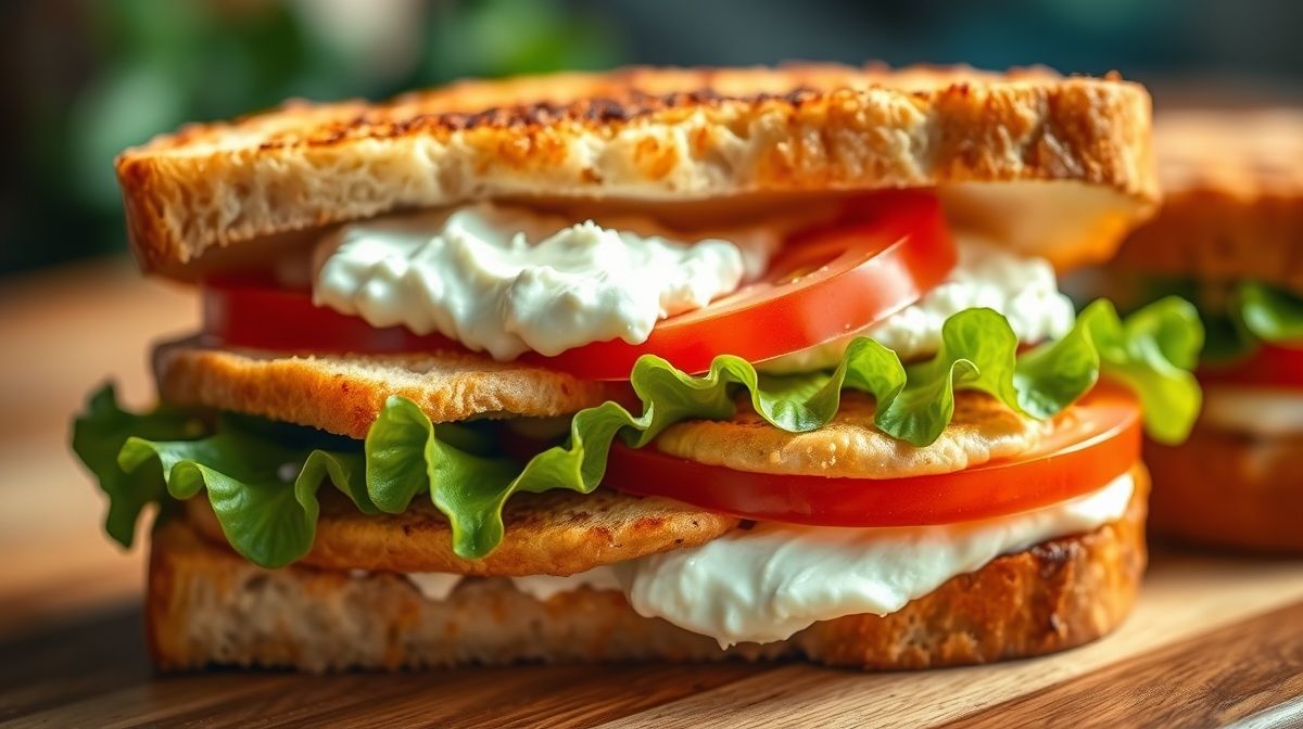 Close-up de sanduíche de frango e cottage, mostrando a textura cremosa do queijo cottage e ingredientes frescos como tomate e alface, fundo desfocado
