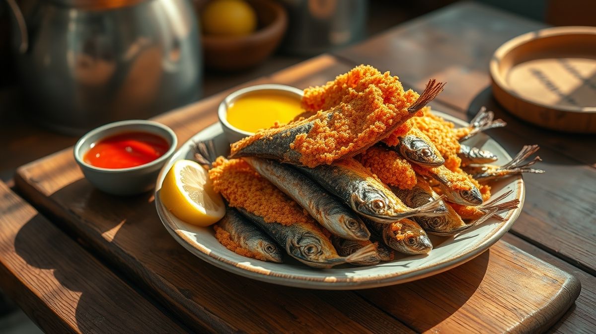 Imagem detalhada de sardinhas fritas crocantes recém-preparadas, empilhadas em um prato rústico com molho de pimenta e limão ao lado, estilo culinária caseira