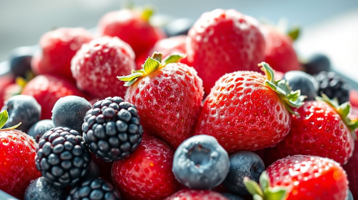 Imagem close-up de frutas vermelhas congeladas (morango, amora, mirtilo) em uma tigela, cores vivas, textura nítida, ambiente de cozinha luminoso e limpo