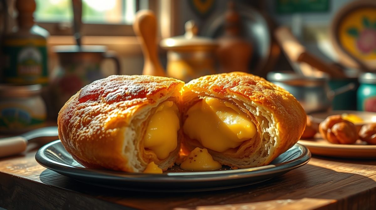 Imagem detalhada de sonho frito dourado cortado ao meio, mostrando recheio cremoso de confeiteiro, iluminação natural, estilo culinário brasileiro