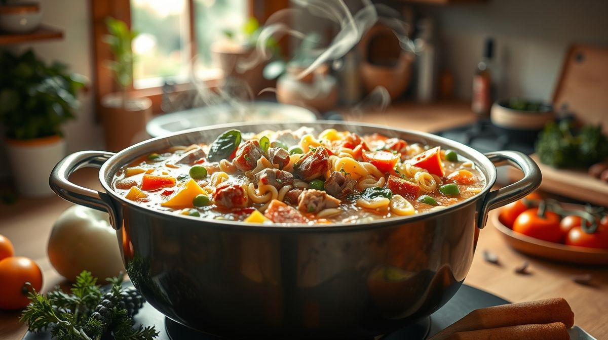 Imagem de processo de preparo de sopa com legumes variados, pedaços de carne e macarrão em uma panela grande, mostrando ação de cozimento, ambiente de cozinha caseira, estilo realista e convidativo