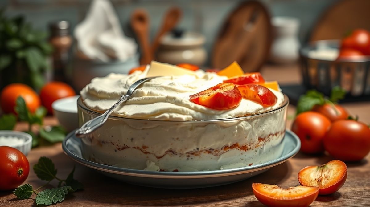 Imagem detalhada da preparação do sorvete de morango e cream cheese, mostrando ingredientes frescos como morangos picados, cream cheese e creme de leite em uma bancada de cozinha bem iluminada