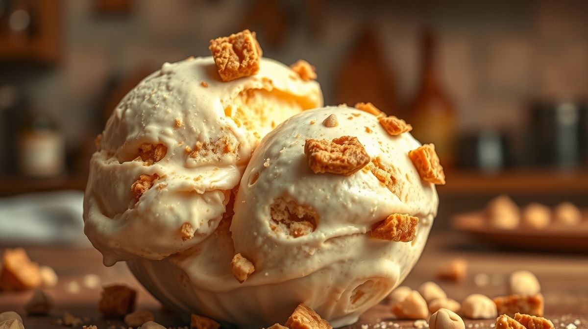 Close-up do sorvete de paçoca sem lactose mostrando textura cremosa com pedaços de paçoquita, em atmosfera acolhedora de cozinha caseira