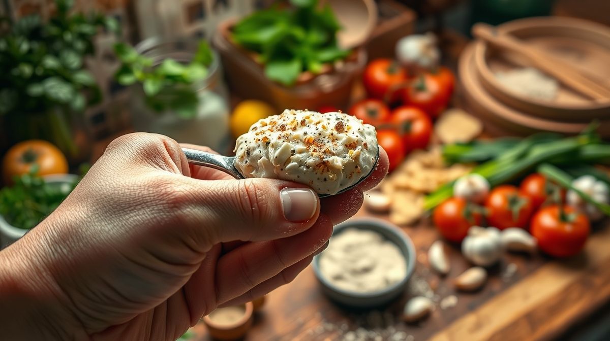 Close-up de mão segurando uma colher cheia de tempero caseiro de alho e cebola, com textura cremosa, sobre uma bancada de cozinha com ingredientes frescos ao redor