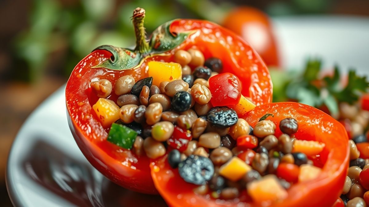 Close-up do interior de tomate recheado com lentilhas e legumes, textura crocante, cores vibrantes, apresentação apetitosa em prato branco