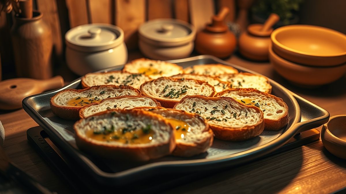 Imagem das etapas do preparo das torradas: fatias de pão amanhecido regadas com azeite de oliva e orégano, dispostas em uma assadeira, pronta para ir ao forno, ambiente de cozinha acolhedora e iluminada