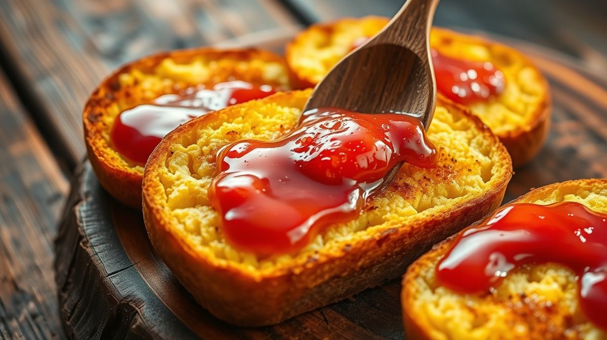 Close-up das fatias de bolo de milho torradas, crocantes e douradas, com geleia de goiaba fresca sendo espalhada com uma colher de madeira, fundo de madeira rústica, iluminação natural acolhedora, estilo food photography brasileiro