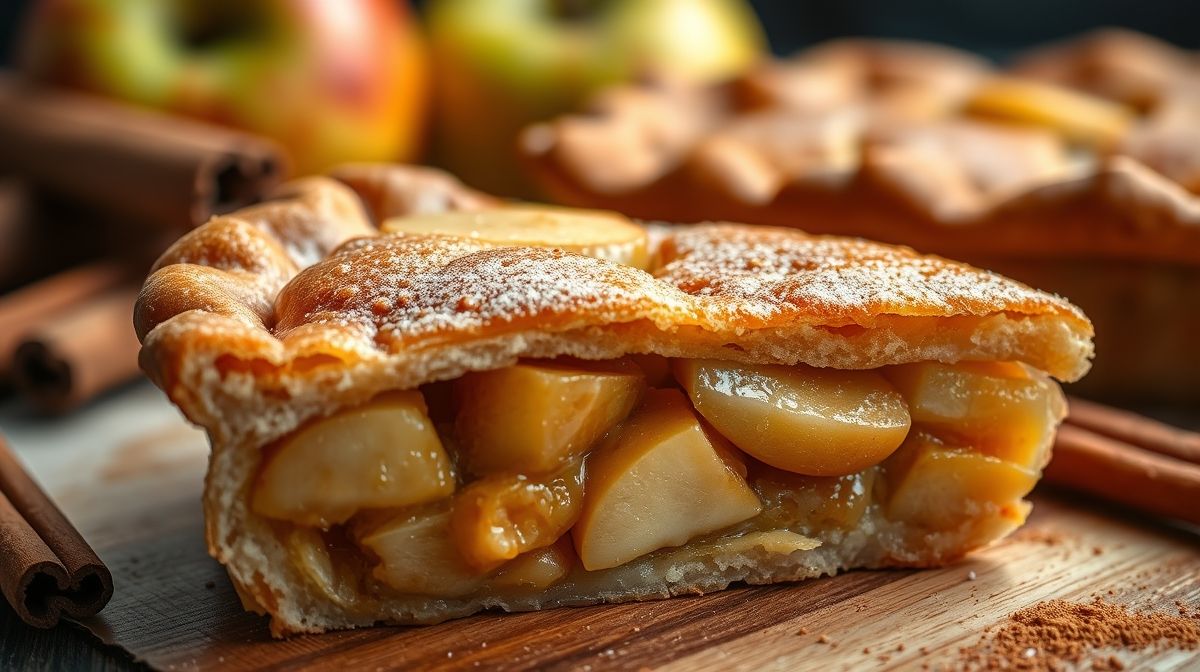 Close-up of a slice of homemade apple pie, showing the moist texture of the dough and pieces of apple, with a blurred background of natural ingredients