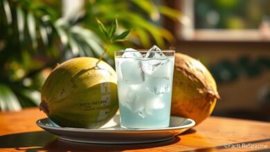 Copo transparente com água de coco servida gelada e refrescante, ao lado de um coco verde.