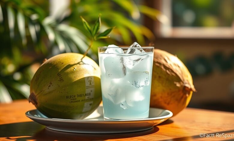 Copo transparente com água de coco servida gelada e refrescante, ao lado de um coco verde.