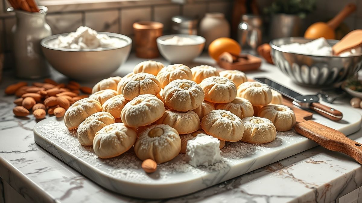 Passo a passo da preparação dos biscoitos Amaretti: ingredientes como amêndoas, claras de ovos e açúcar em uma bancada, utensílios de cozinha, estilo fotográfico claro e detalhado, cenário de cozinha italiana tradicional