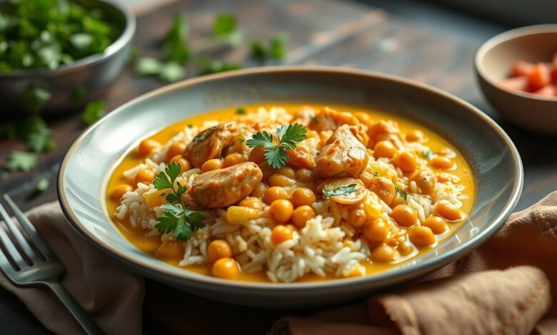 Tigela com arroz caldoso com curry cremoso, frango e grão de bico, bem apresentado e aromático