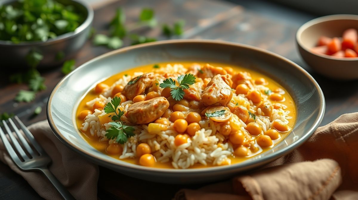 Tigela com arroz caldoso com curry cremoso, frango e grão de bico, bem apresentado e aromático