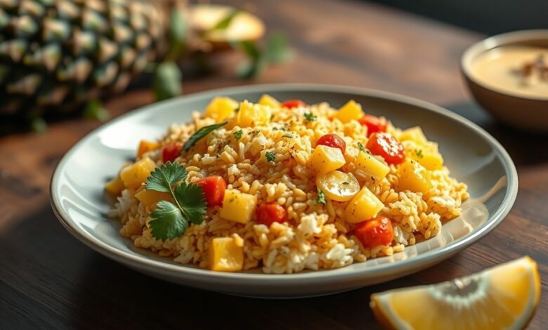 Prato de arroz com curry e abacaxi servido com salada fresca, colorido e aromático
