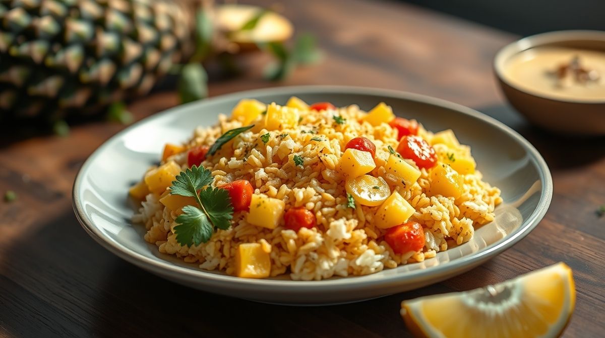 Prato de arroz com curry e abacaxi servido com salada fresca, colorido e aromático