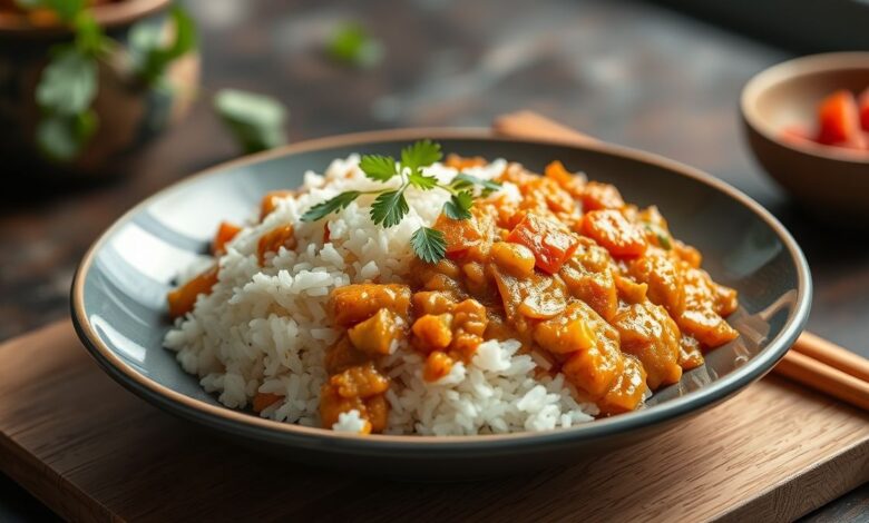 Prato de arroz com curry japonês servido com molho encorpado, carne macia e legumes bem cozidos, em uma montagem apetitosa.