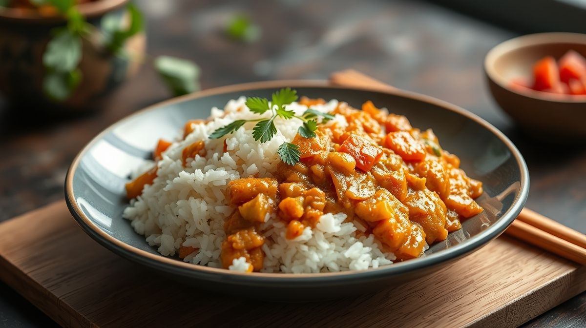 Prato de arroz com curry japonês servido com molho encorpado, carne macia e legumes bem cozidos, em uma montagem apetitosa.